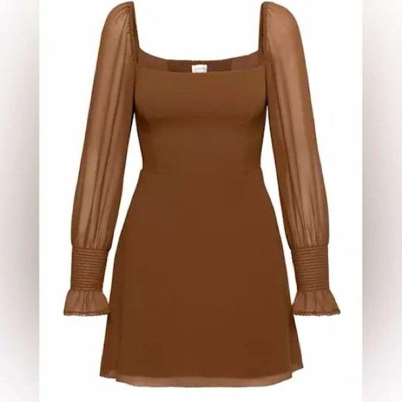 Wilfred Aritzia Emmylou Brown Cognac Square Neck Mini Dress Women’s 10 Chiffon - Picture 13 of 14